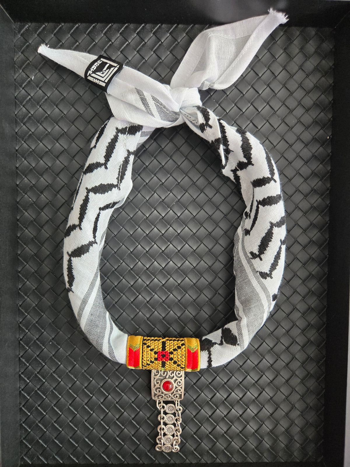Palestinian Keffiyeh Scarf Necklace – Gold Tatreez & Red Stone Square Pendant