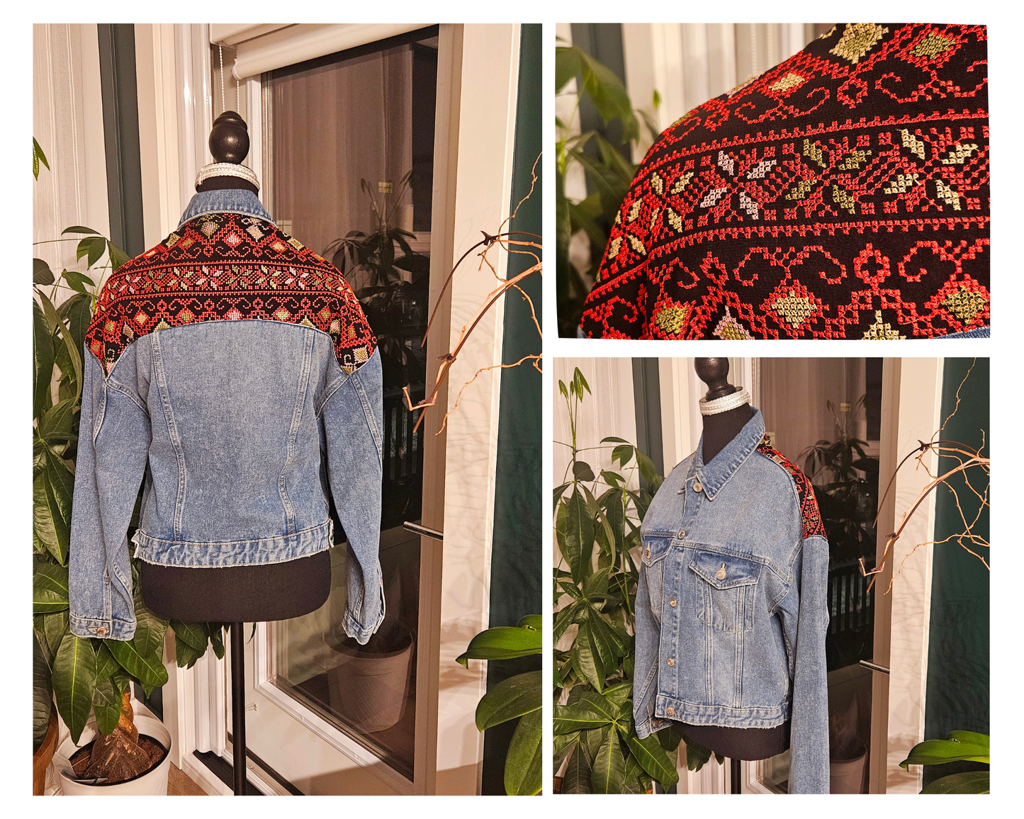 Dark Blue Mid-Length Tatreez Denim Jacket