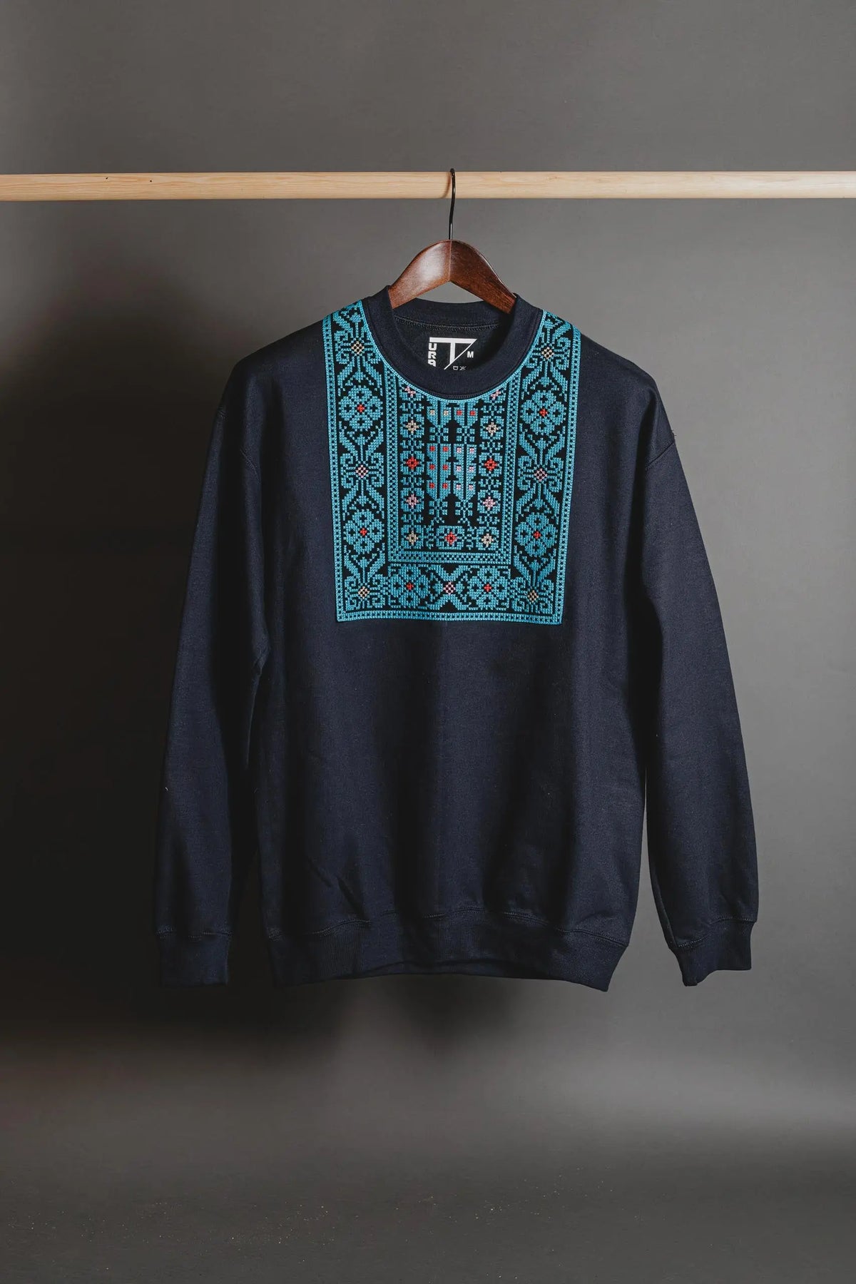 Black Tatreez Collar Sweatshirt with Red Flower embroidery