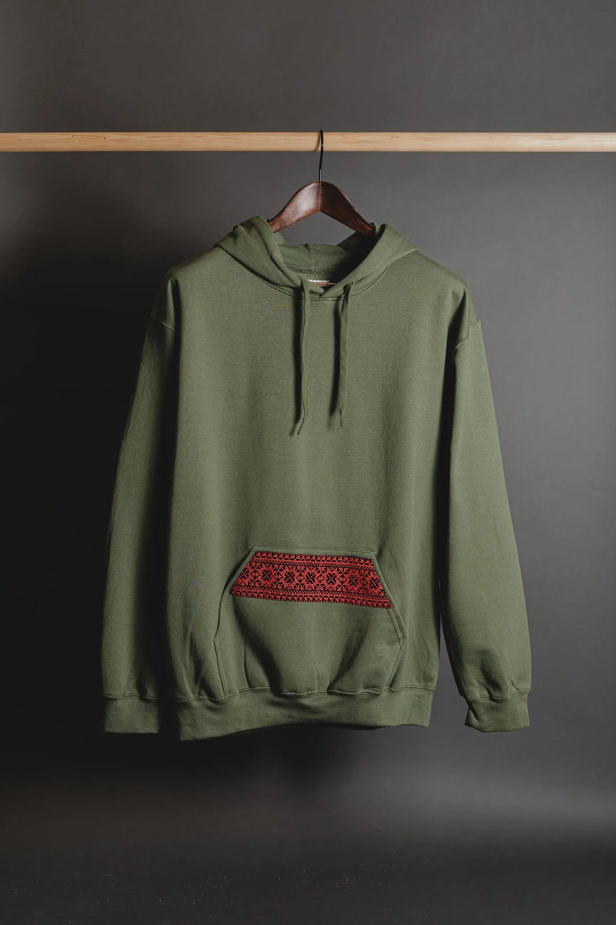 Olive Green hoodie Tatreez embroidery detail