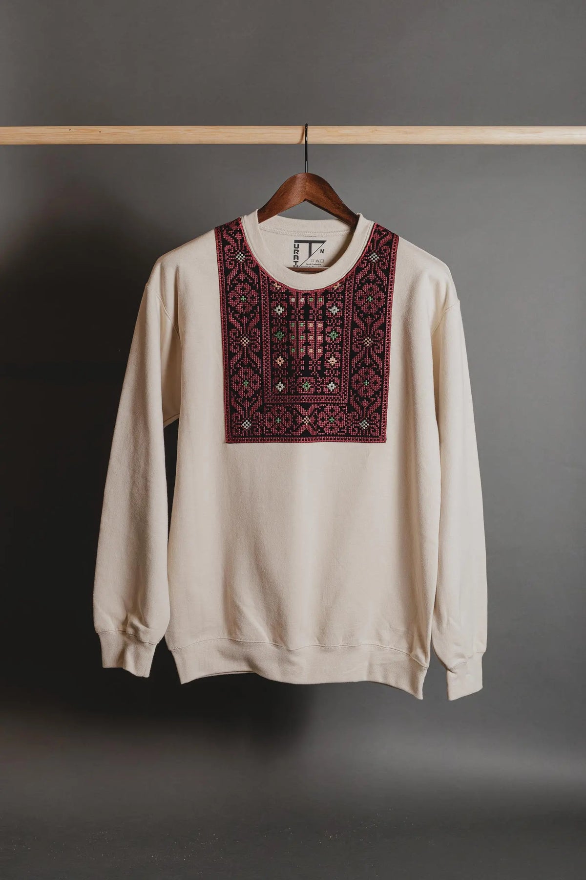 Olive Green Tatreez Collar Sweatshirt with Multicolor Star embroidery
