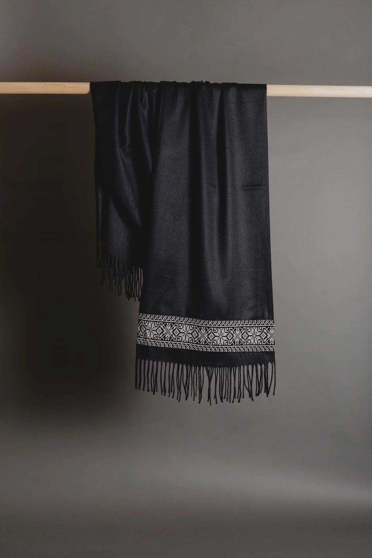 Black Palestinian tatreez embroidered scarf with white star tatreez by Mona Al Kurdi