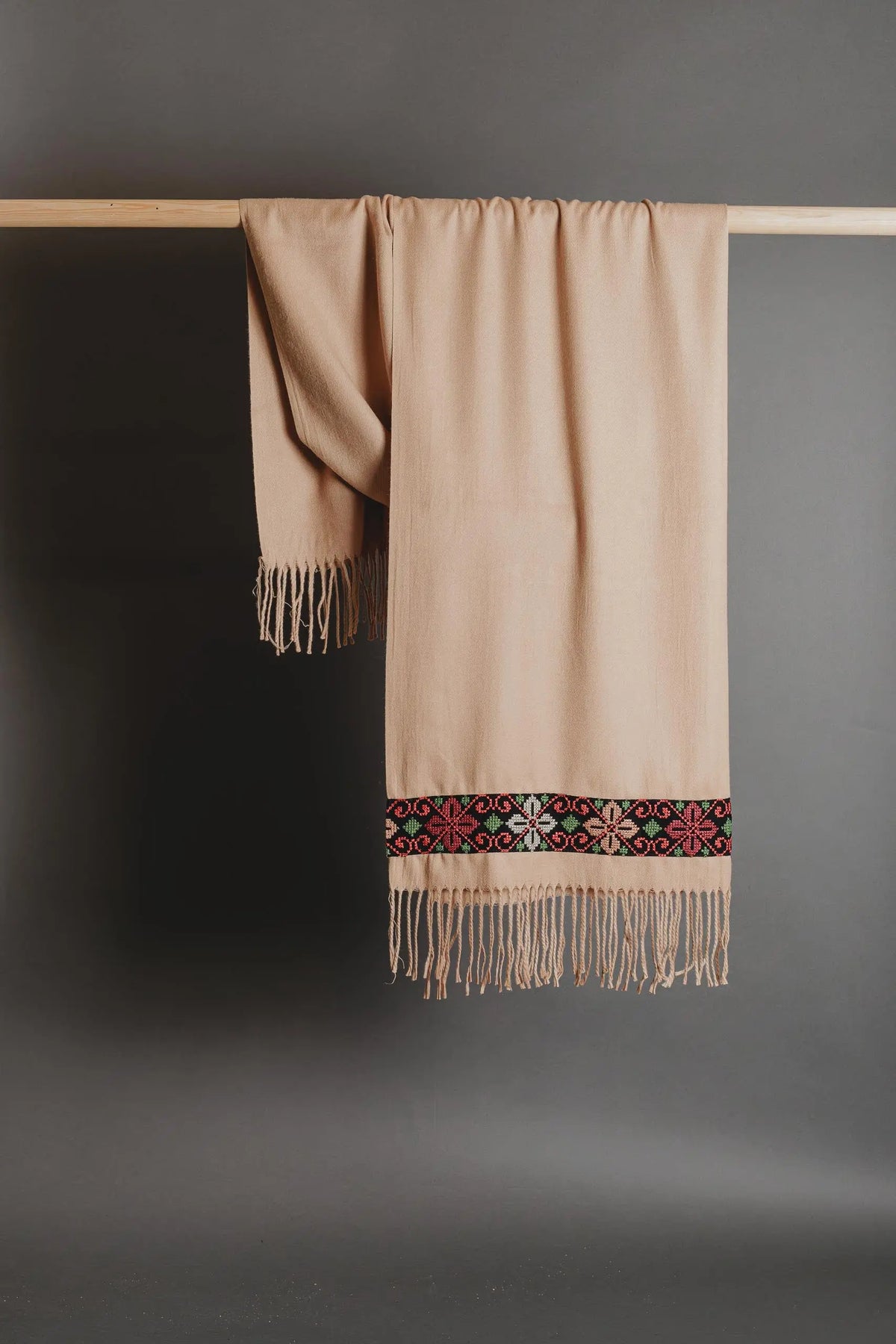 Beige Palestinian tatreez embroidered scarf with multicolour flower tatreez by Mona Al Kurdi