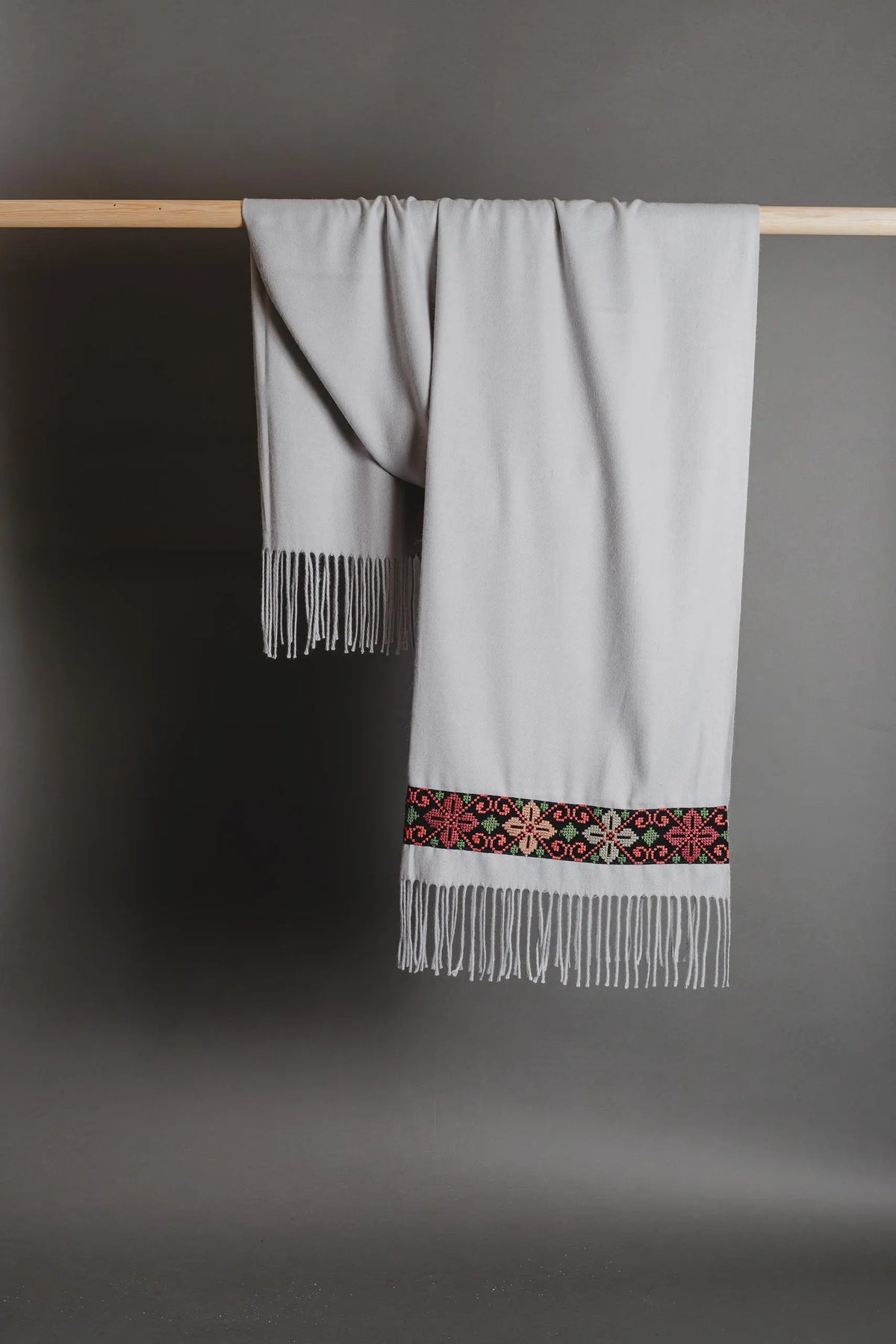 Grey Palestinian tatreez embroidered scarf with multicolour flower tatreez by Mona Al Kurdi