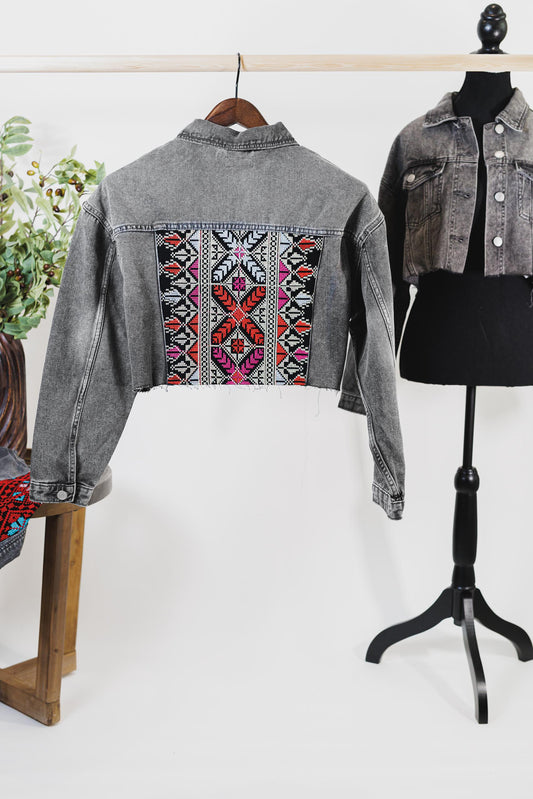 Embroidered Washed Black Cropped Denim Jacket