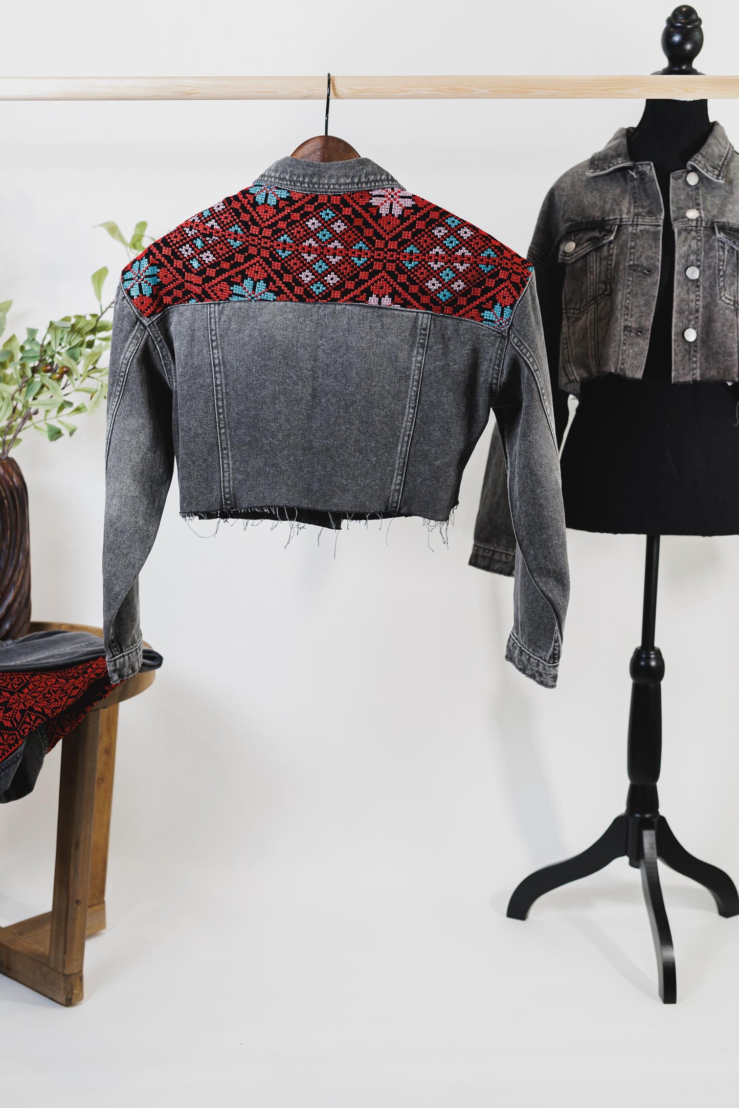 Embroidered Washed Black Cropped Denim Jacket