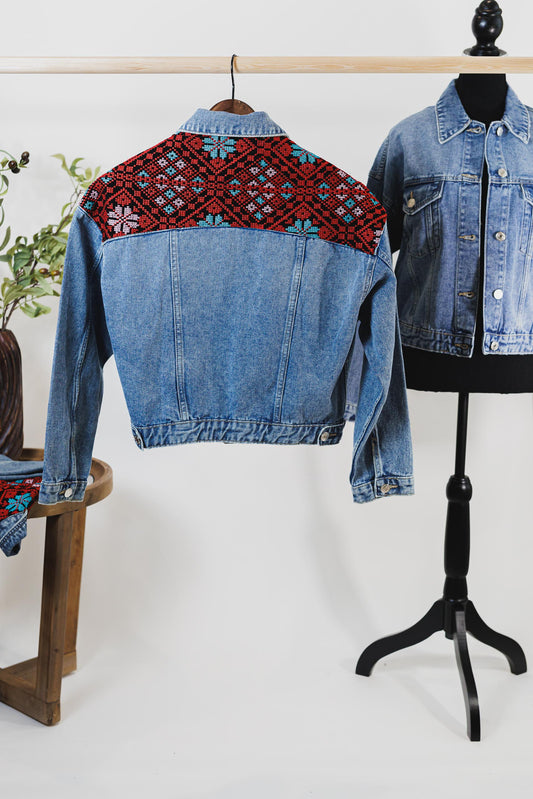 Dark Blue Mid-Length Tatreez Denim Jacket