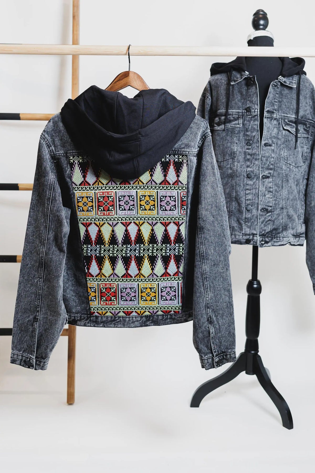 Cypress Tree Border Tatreez embroidered washed black unisex denim hooded jacket