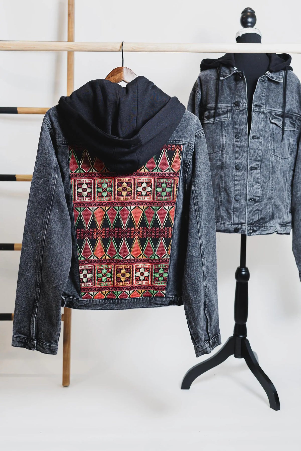 Pastel Cypress Tree Tatreez embroidered washed black unisex denim hooded jacket