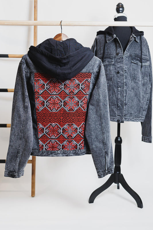 Tatreez Embroidered Washed-Black Denim Hooded Jacket | Unisex Streetwear