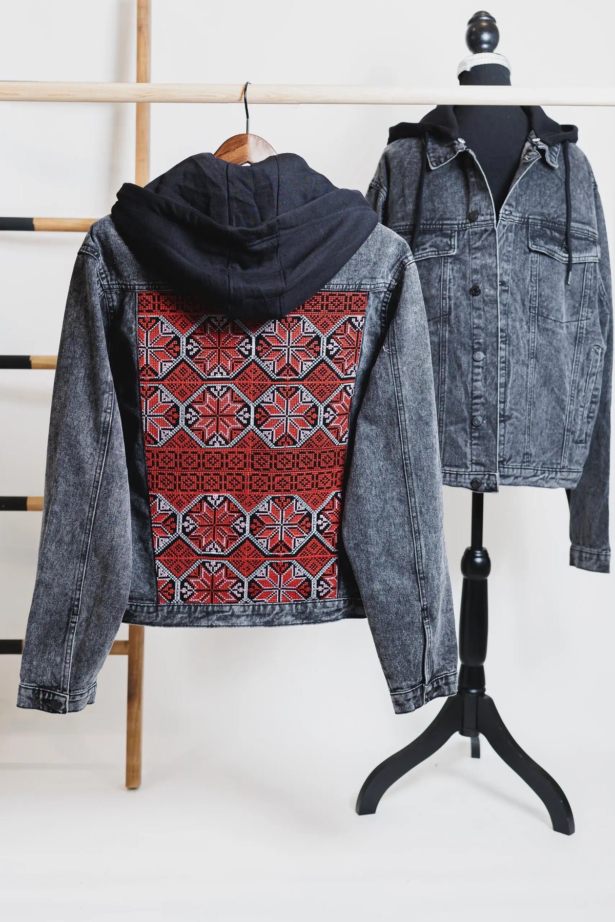 Customize your own Tatreez embroidered washed black unisex denim hooded jacket