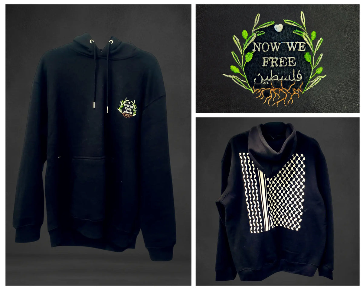 Black Keffiyeh hoodie with embroidered Now We Free Falasteen Palestinian flag design and keffiyeh print on the back