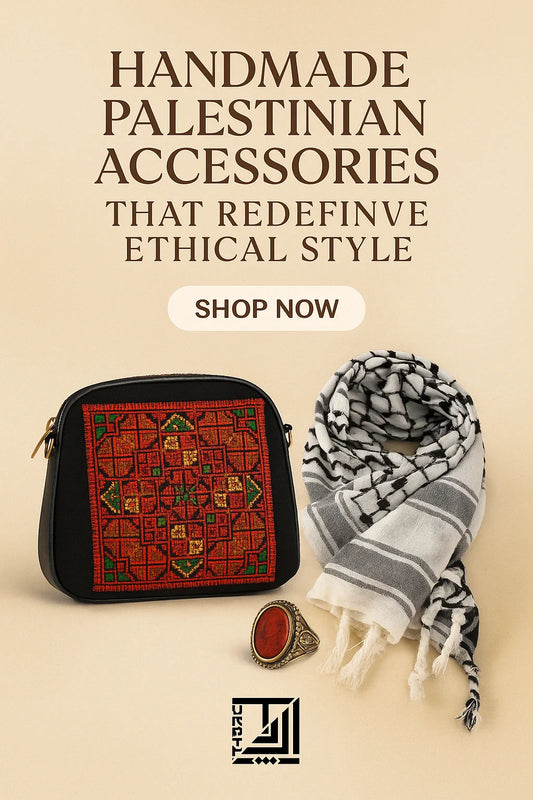 Handmade Palestinian accessories including embroidered Tatreez bag, keffiyeh scarf, and jewelry – ethical fashion by Turath Fashion