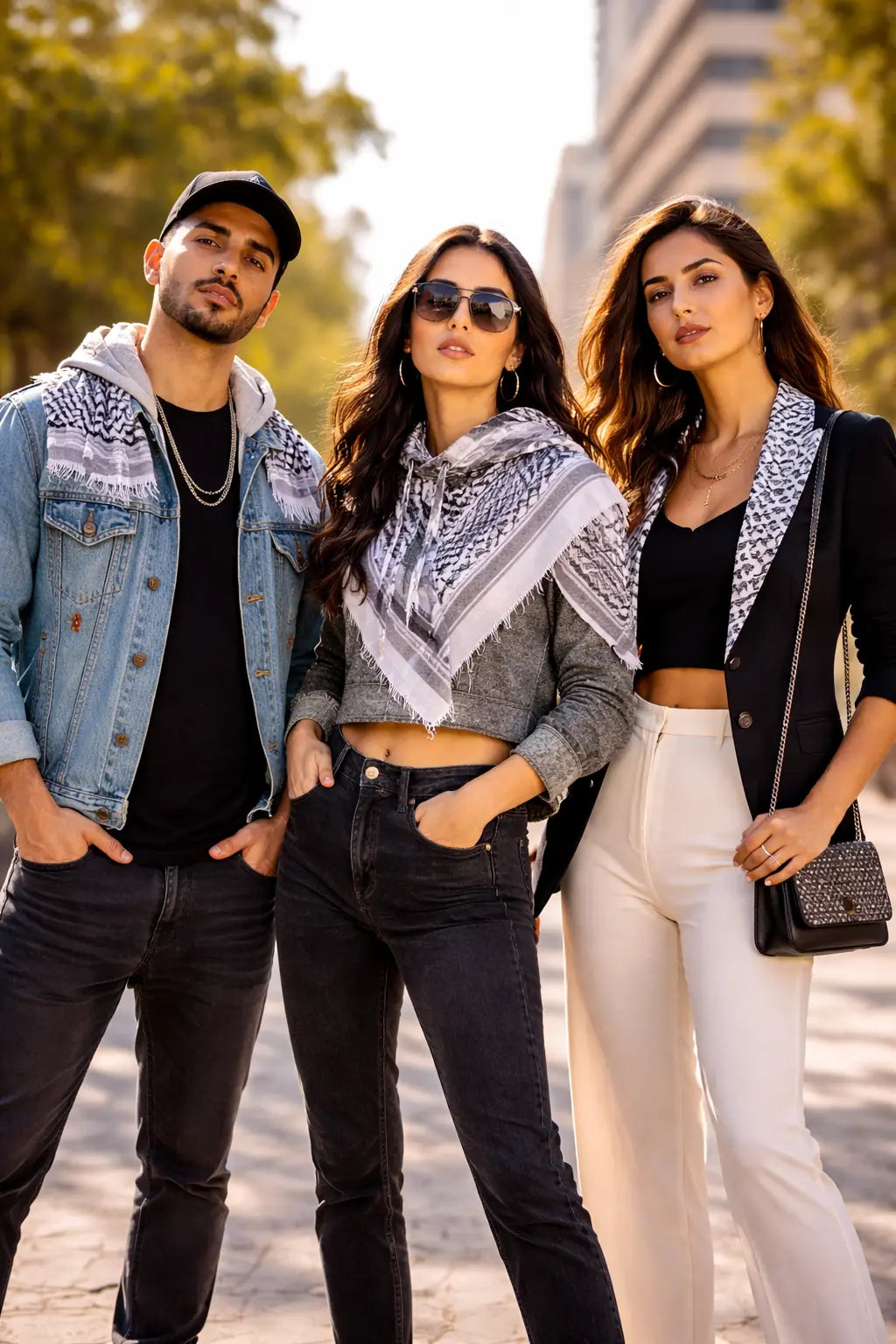 Stylish individuals wearing modern Keffiyeh clothing, including a hoodie, denim jacket, and blazer, showcasing Palestinian fashion.