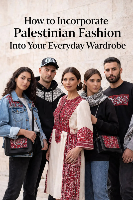 Stylish Palestinian fashion pieces including Tatreez embroidered jackets, Keffiyeh scarves, and accessories.