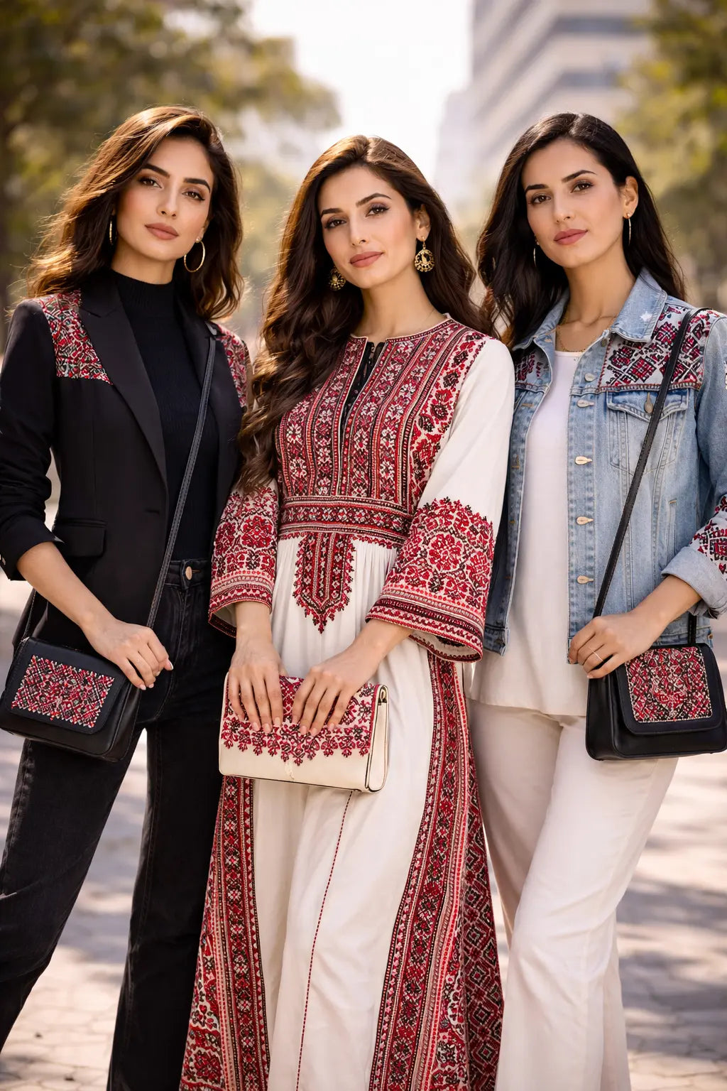 Modern fashion featuring Tatreez embroidery on jackets and dresses.