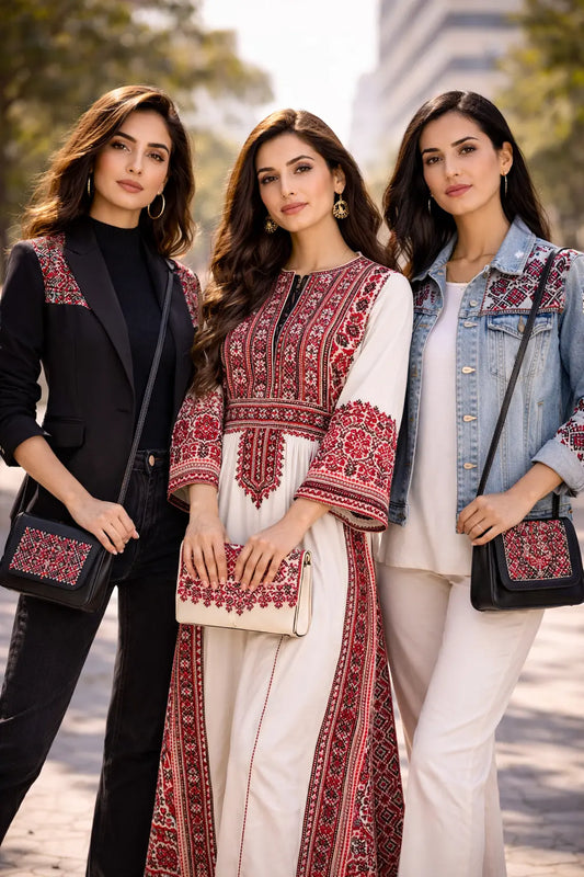 Modern fashion featuring Tatreez embroidery on jackets and dresses.