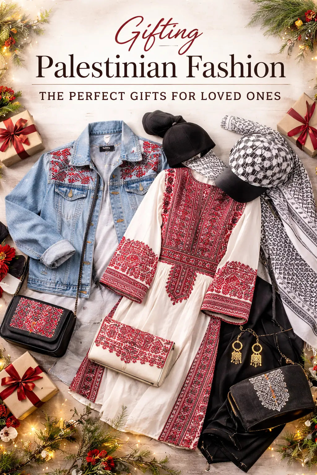 Stylish Palestinian fashion collection featuring Tatreez embroidered denim jackets, Keffiyeh scarves, hoodies, caps, and accessories on a rustic background with the Turath Fashion logo.