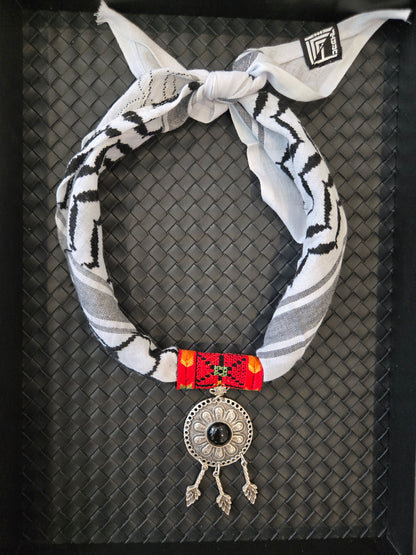 Palestinian Keffiyeh Scarf Necklace – Red Tatreez & Black Stone Medallion