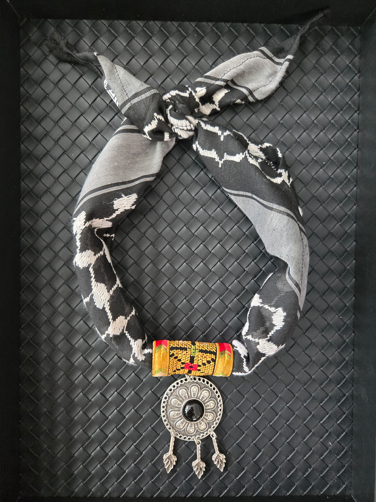Palestinian Keffiyeh Scarf Necklace – Black Keffiyeh, Gold Tatreez & Medallion