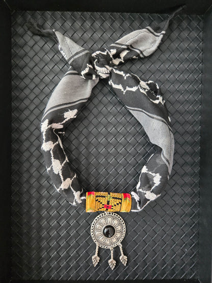 Palestinian Keffiyeh Scarf Necklace – Black Keffiyeh, Gold Tatreez & Medallion