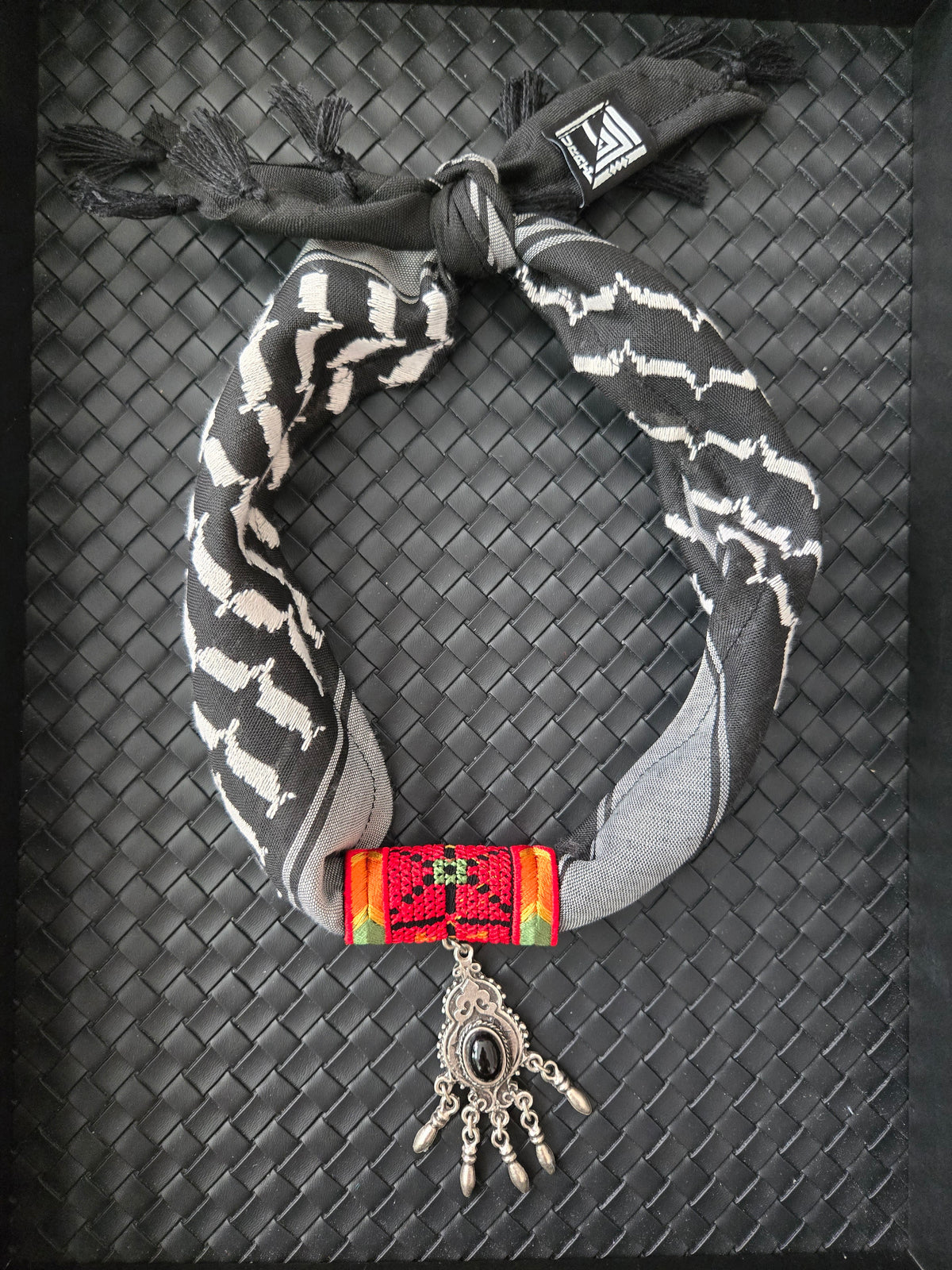 Palestinian Keffiyeh Scarf Necklace – Black Keffiyeh, Red Tatreez & Teardrop Pendant
