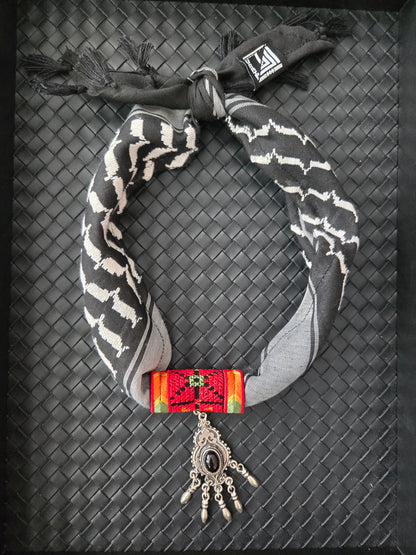 Palestinian Keffiyeh Scarf Necklace – Black Keffiyeh, Red Tatreez & Teardrop Pendant