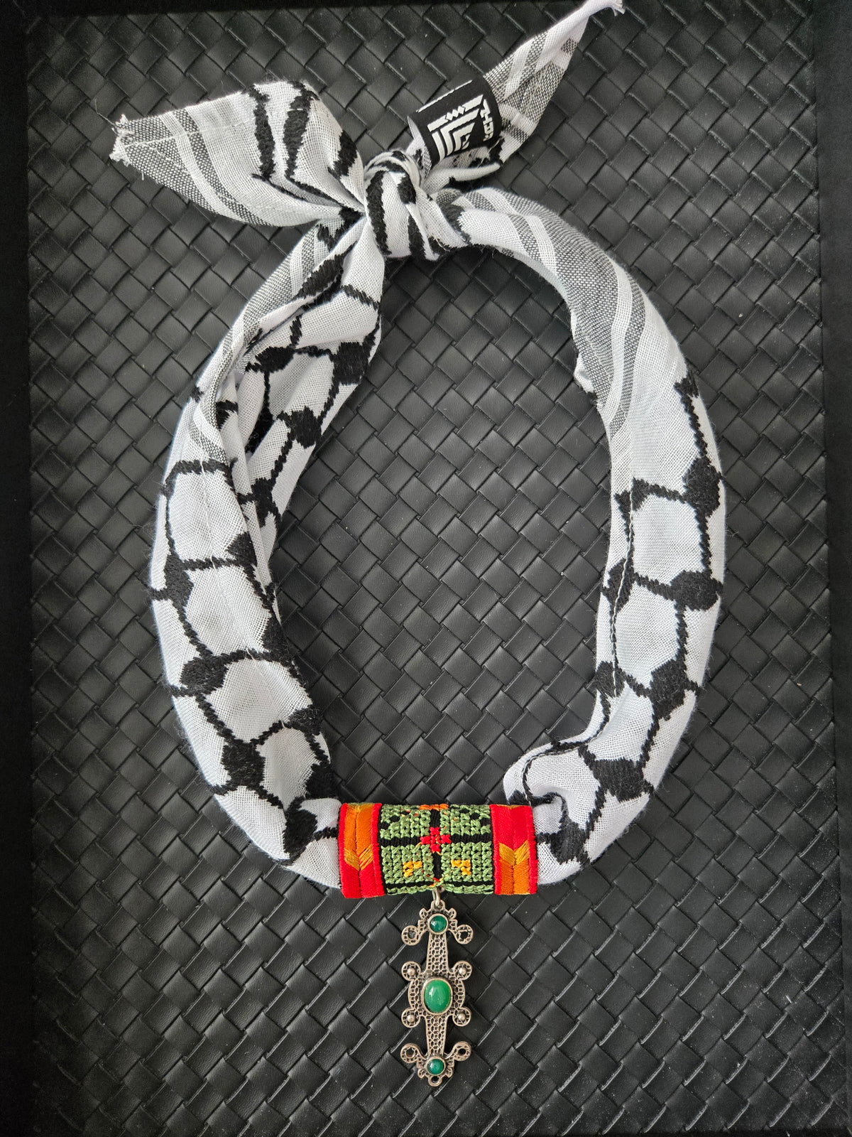 Palestinian Keffiyeh Scarf Necklace – Green Tatreez & Green Stone Pendant