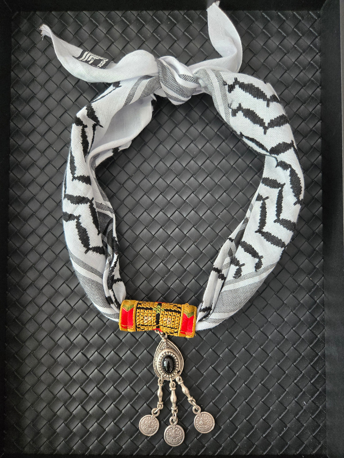 Palestinian Keffiyeh Scarf Necklace – Gold Tatreez & Coin Pendant