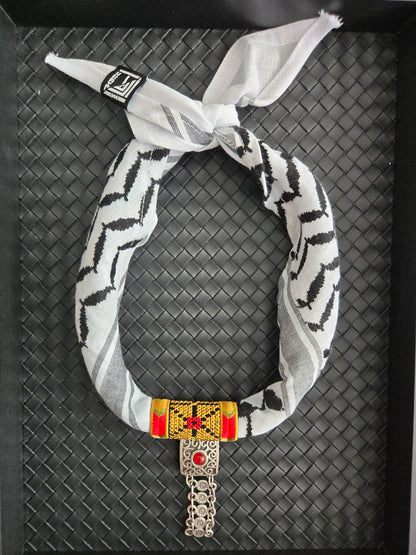 Palestinian Keffiyeh Scarf Necklace – Gold Tatreez & Red Stone Square Pendant