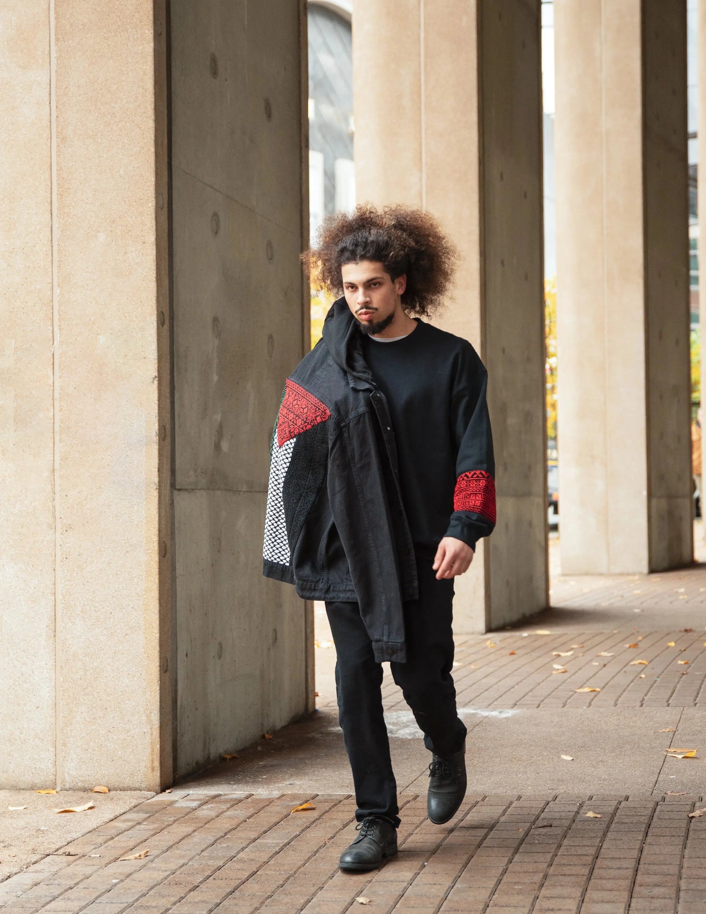 Palestinian Tatreez Flag Denim Jacket – Black Unisex with Detachable Hood Mona Al Kurdi