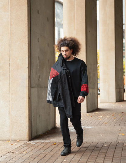 Palestinian Tatreez Flag Denim Jacket – Black Unisex with Detachable Hood Mona Al Kurdi