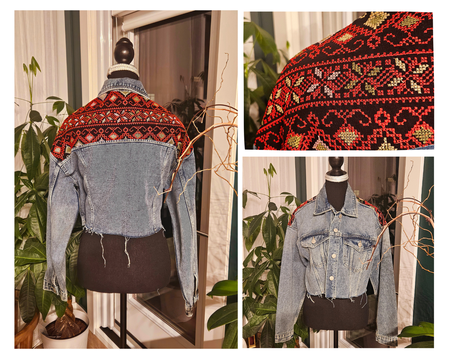 Embroidered Dark Blue Cropped Denim Jacket