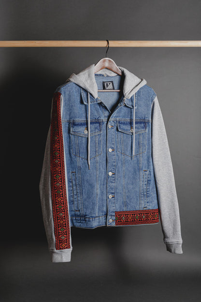 Denim jacket with fleece sleeves and Palestinian Tatreez embroidery, unisex streetwear by Turath Fashion