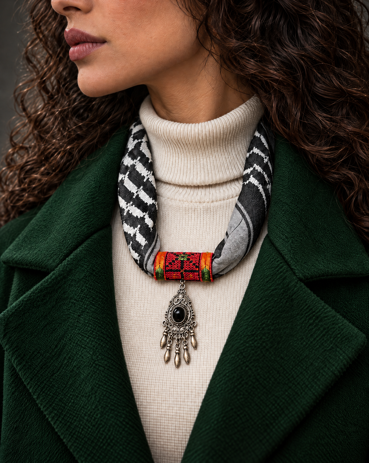Woman wearing a black keffiyeh scarf necklace with red tatreez band and silver-tone filigree teardrop pendant