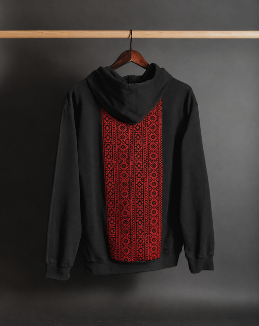 Black hoodie with Palestinian Tatreez embroidery