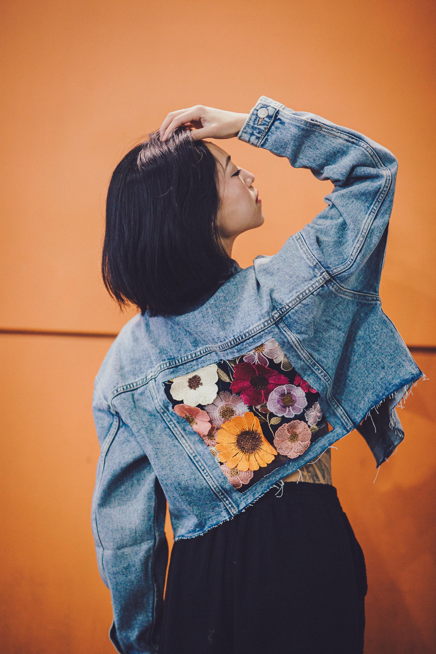 Floral Breeze Cropped Denim Jacket | Embroidered Floral Design | Limited Edition Mona Al Kurdi