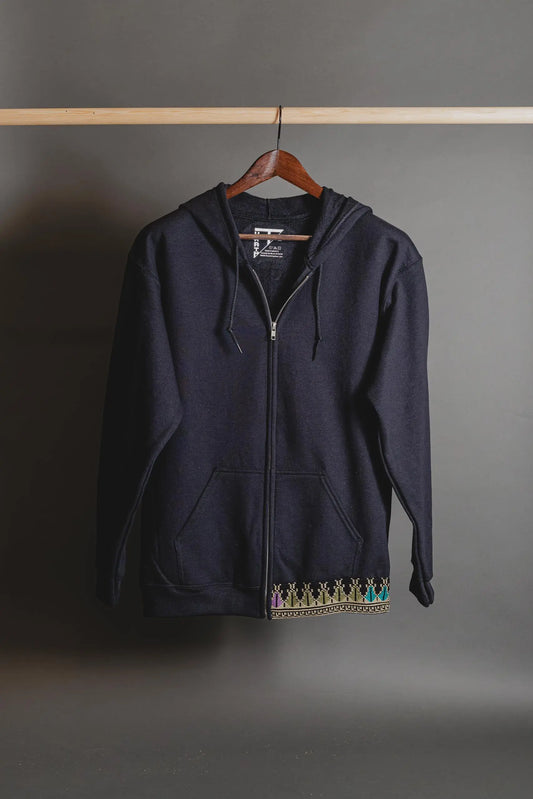 Black Tatreez Zip-up Hoodie with Multicolor Tatreez embroidery