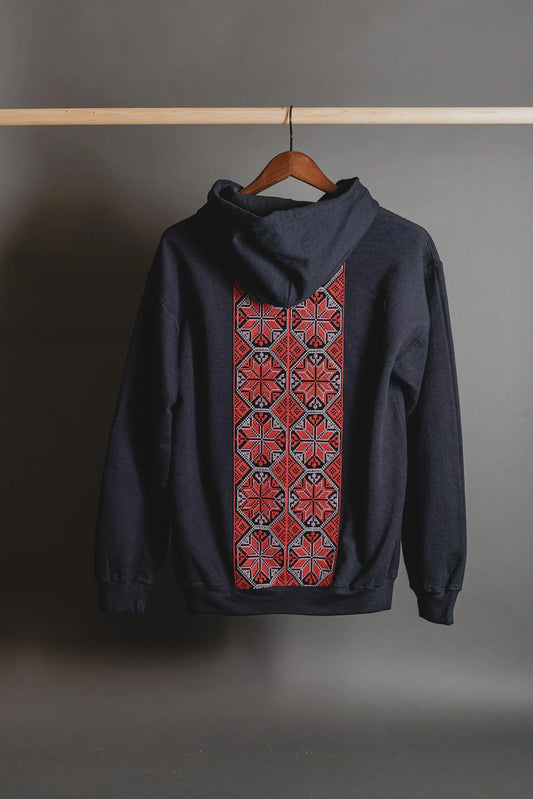 Black Tatreez Embroidered Hoodie with red star Tatreez