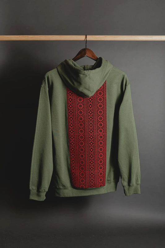 Olive Green Tatreez Embroidered Hoodie with Red Tatreez