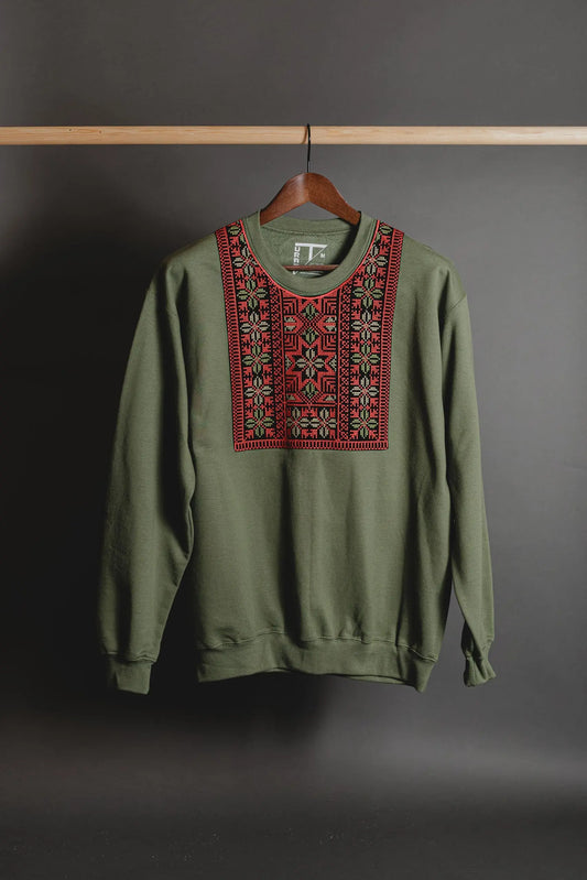 Olive green Tatreez Collar Sweatshirt with multicolor star embroidery