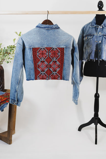 Embroidered Dark Blue Cropped Denim Jacket