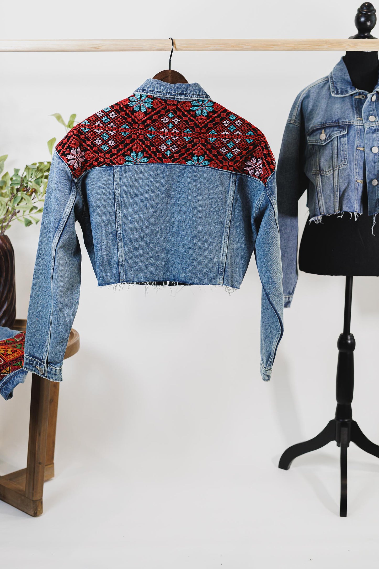Embroidered Dark Blue Cropped Denim Jacket