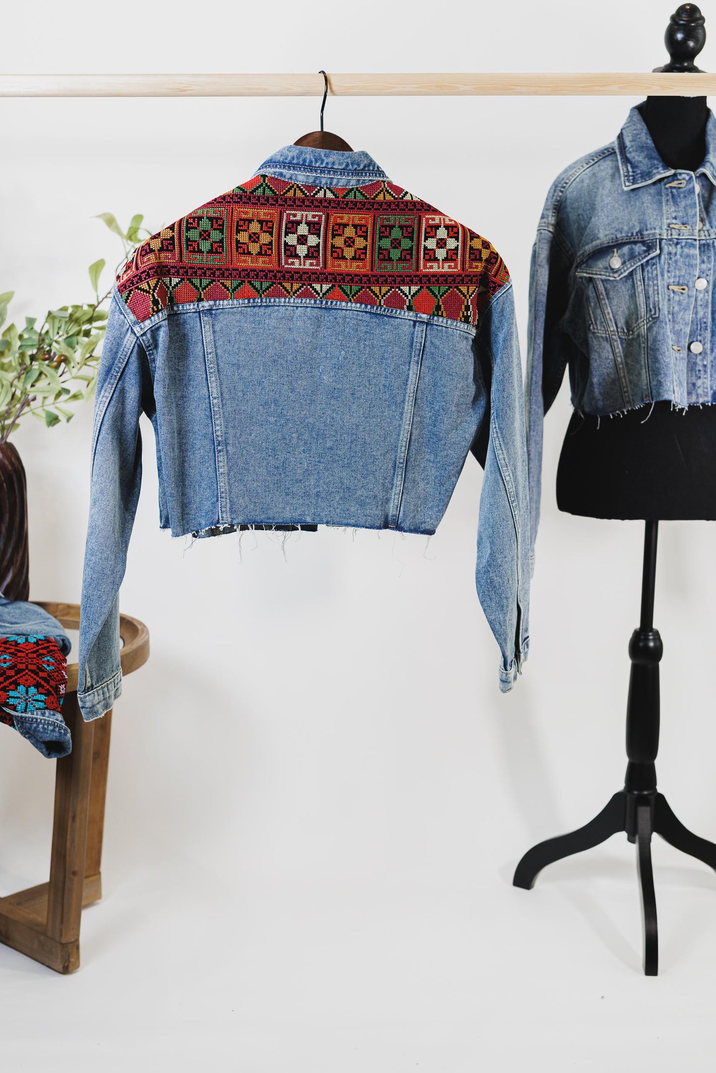 Embroidered Dark Blue Cropped Denim Jacket