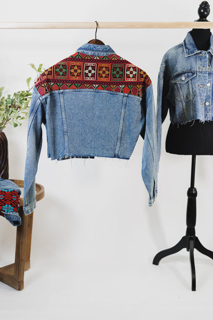 Embroidered Dark Blue Cropped Denim Jacket