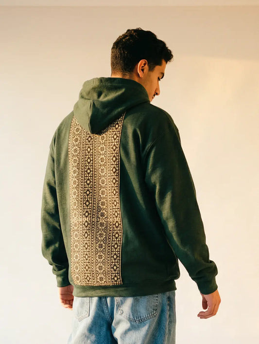 Forest Green with Gold Tatreez Embroidered Hoodies | Palestinian Heritage Streetwear Mona Al Kurdi