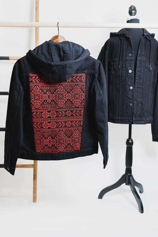 Red Star Tatreez embroidered black unisex denim hooded jacket