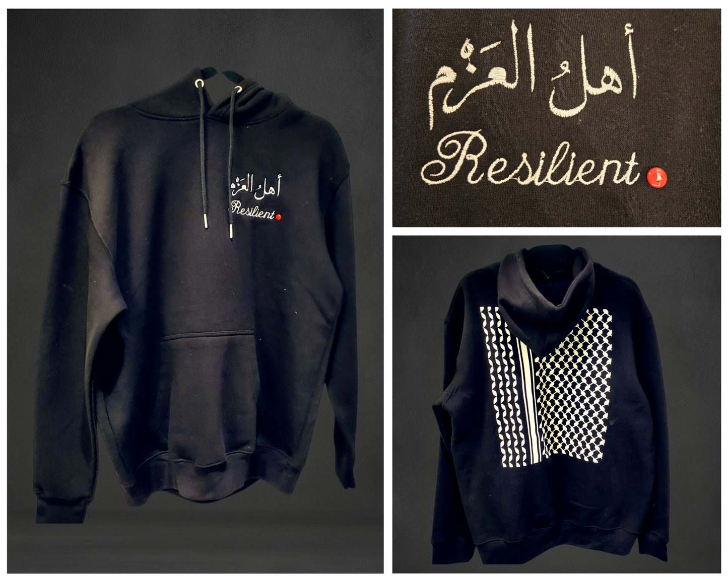 Black Keffiyeh Hoodie with 'أهل العزم' and 'Resilient' embroidery, featuring Palestinian keffiyeh print