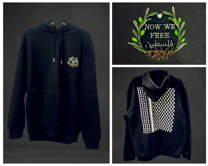 Black Keffiyeh hoodie with embroidered 'Now We Free' Palestinian flag design and keffiyeh print on the back