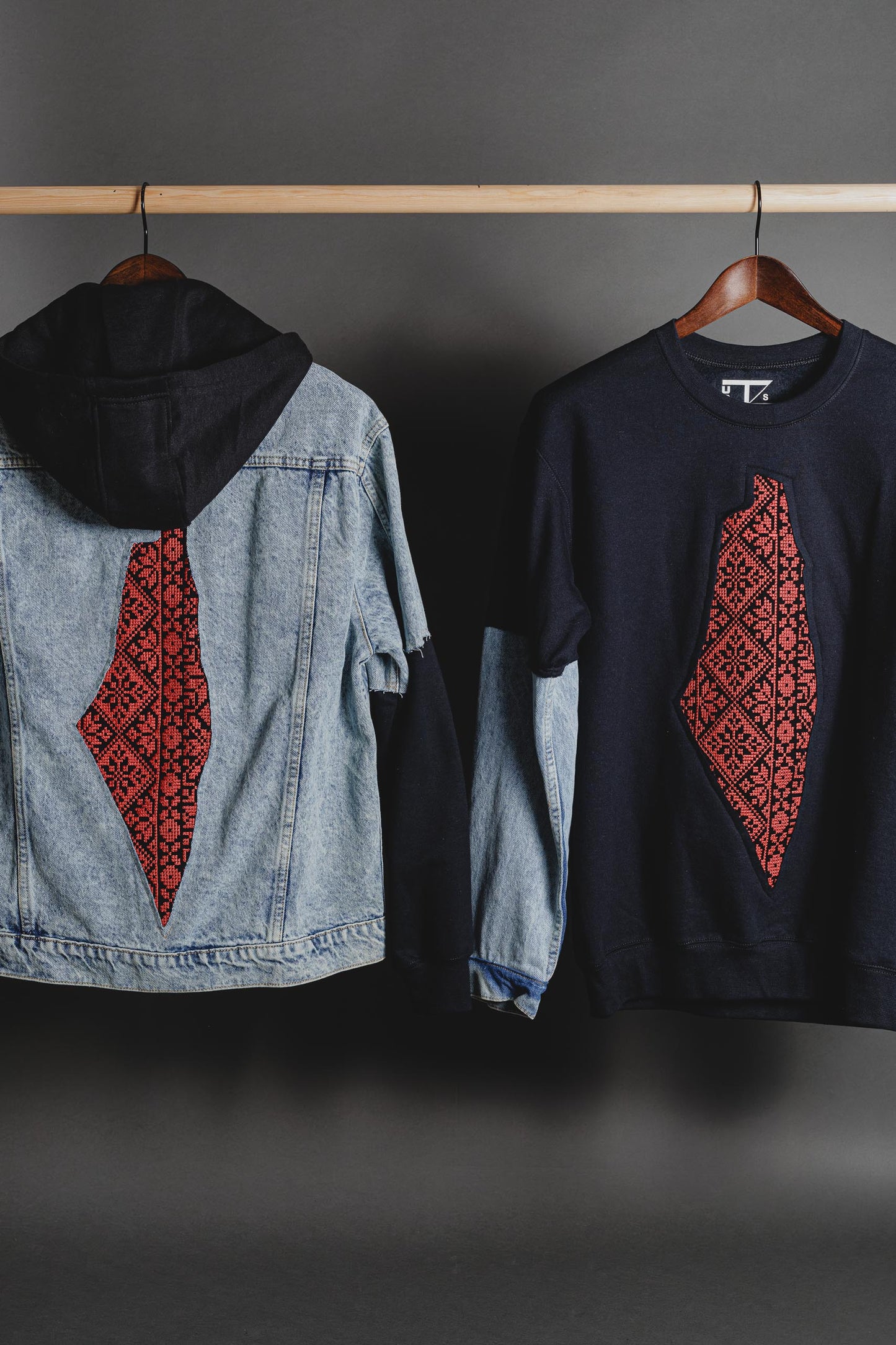 Front view jacket with hand-cut Palestine map and tatreez accents, unisex streetwear